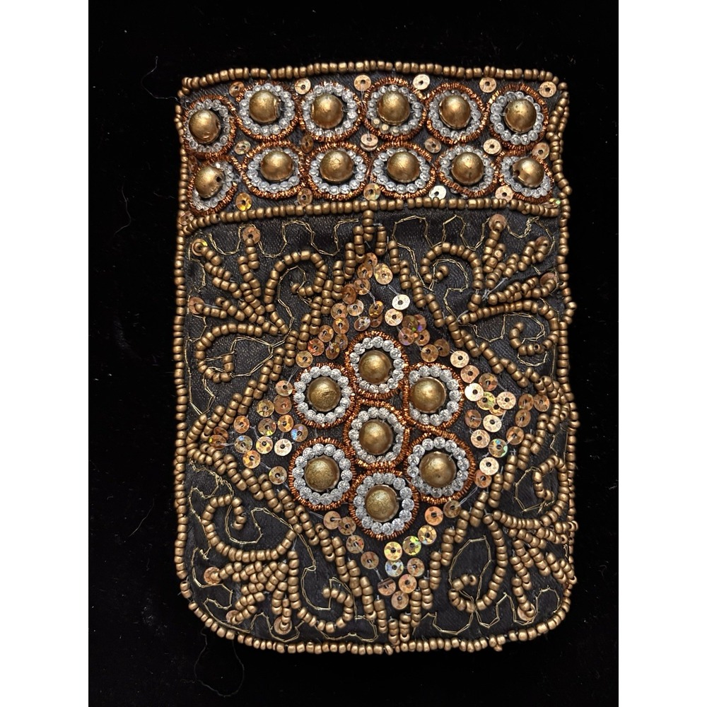 Black Gold Beaded Sequin Coin Wallet Clutch Folding Snap Closure Embroidered[A3]
